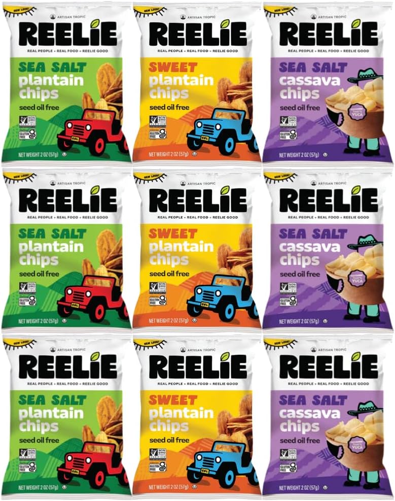 Variety Pack Reelie (Sea Salt Plantain, Sweet Plantain, Sea Salt Cassava) 2 oz Bags, 9 Pack (3 of Each Flavor) – Gluten Free Tropical Snack Chips, Vegan, Crunchy