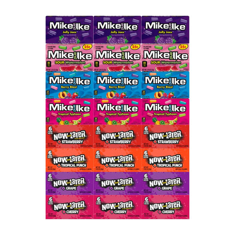 Assorted Candy Mix Variety Pack – 4 Flavors of Mike and Ike & 4 Flavors of Now and Later – 3 of Each Flavor – Bulk 24 Pack – Fruit Chewy Candy – Individually Wrapped for Snacking, Parties & Sharing