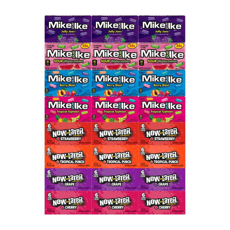 Assorted Candy Mix Variety Pack – 4 Flavors of Mike and Ike & 4 Flavors of Now and Later – 3 of Each Flavor – Bulk 24 Pack – Fruit Chewy Candy – Individually Wrapped for Snacking, Parties & Sharing