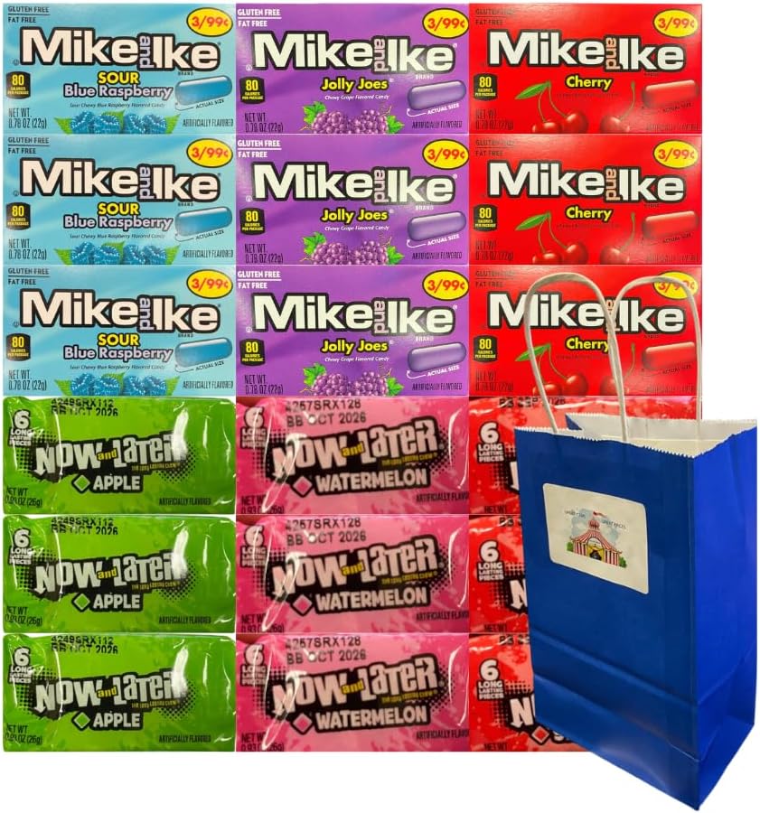 Assorted Candy Mix Variety Pack – Includes 3 Mike and Ike & 3 Now and Later Flavors – 18 Count – Fruity Chewy Candy – Individually Wrapped – Party Snack with Blue Paper Bag