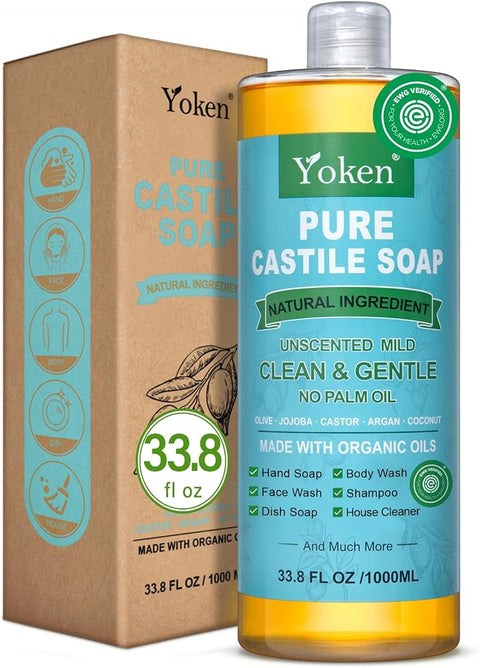 Yoken Pure Castile Liquid Soap 33.8 Oz Unscent add Organic Oil EWG Verified - Personal Care