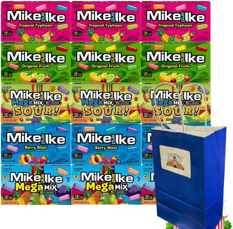 Candy Assorted Flavor Mike and Ike - Original Fruits, Tropical Typhoon, Berry Blast, Mega Mix, Mega Mix Sour, 5 Flavors - 3 Each, 15 Pack, Fruity Chewy Candy Variety