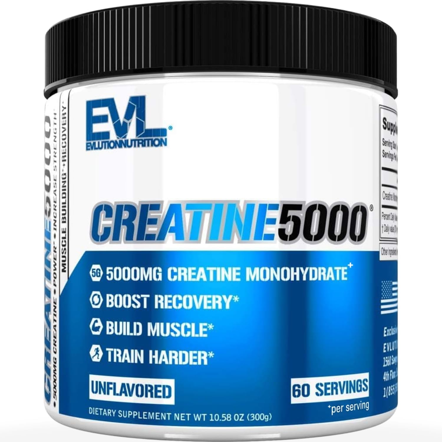 EVL Creatine 5000 - Pure Creatine Monohydrate - 60 Servings - Unflavored