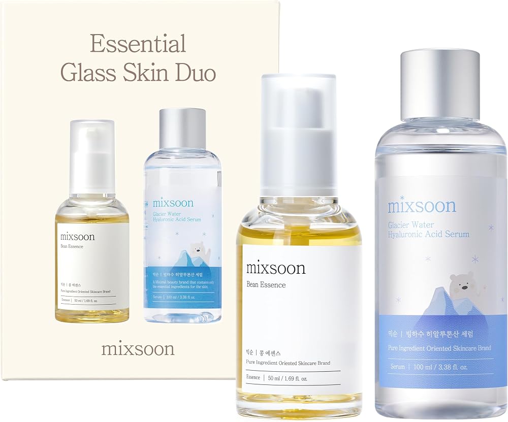 Mixsoon Essential Glass Skin Duo Set - Bean Essence + Glacier Water Hyaluronic Acid Serum, Gentle Formula for Smooth, Radiant Skin 150ml / 5.07 fl. oz. Korean Glass Skin Care