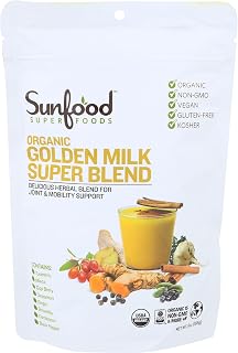 Sunfood Superfoods Organic Golden Milk Super Blend - Turmeric Latte Powder Mix with Ginger, Black Pepper, Cinnamon & Cardamom Spices, Vegan, USDA Organic, Gluten Free - 6 oz