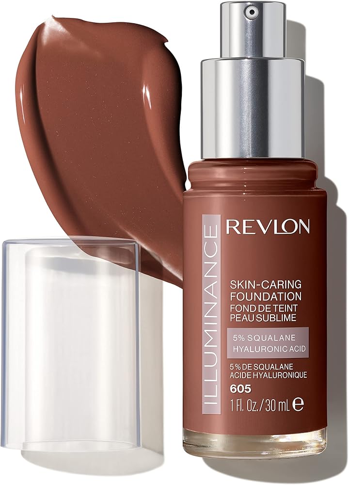 Revlon Illuminance Skin-Caring Liquid Foundation, Hyaluronic Acid, Hydrating and Nourishing Formula with Medium Coverage, 605 Rich Mahogany, 1 fl oz