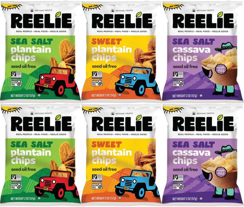 Variety Pack Reelie Chips 2oz 6-Pack (2 Each Flavor) – Sea Salt Plantain, Sweet Plantain, Sea Salt Cassava – Crunchy Snack Chips, Gluten Free, Natural Snacks