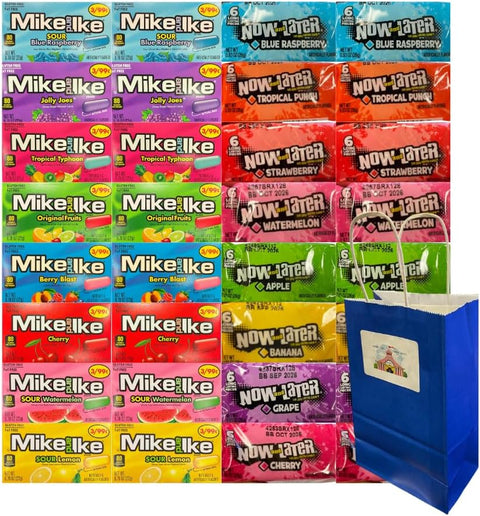 Assorted Candy Variety Mix Bulk Pack – 32 Count Includes Mike and Ike & Now and Later – 16 Flavors, 2 of Each – Wrapped Taffy & Chewy Fruit Candy with Blue Gift Bag – Party, Office, Snack