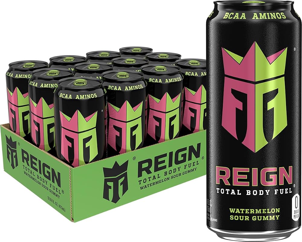 Reign Total Body Fuel, Watermelon Sour Gummy, Fitness & Performance Drink, 16 Fl Oz (Pack of 12)