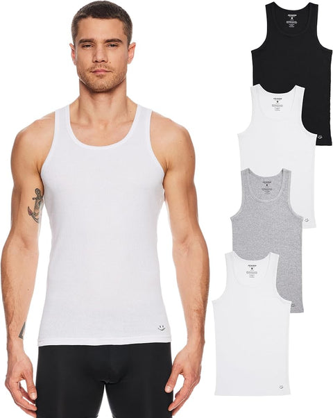 Joe Boxer Mens Tank Top Undershirt Cotton Rib, Gym Tagless A Shirts (Grey, Black & White Tank Tops for Men 4-Pack, Small)
