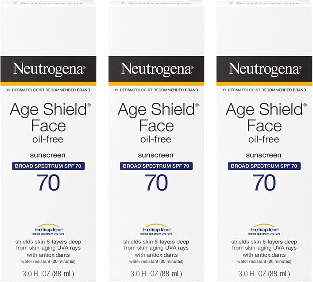 Neutrogena Age Shield Face Oil-Free Sunscreen Lotion with Broad Spectrum SPF 70, Non-Comedogenic Moisturizing Sunscreen to Help Prevent Signs of Aging, PABA-Free, 3 fl. oz (Pack of 3)