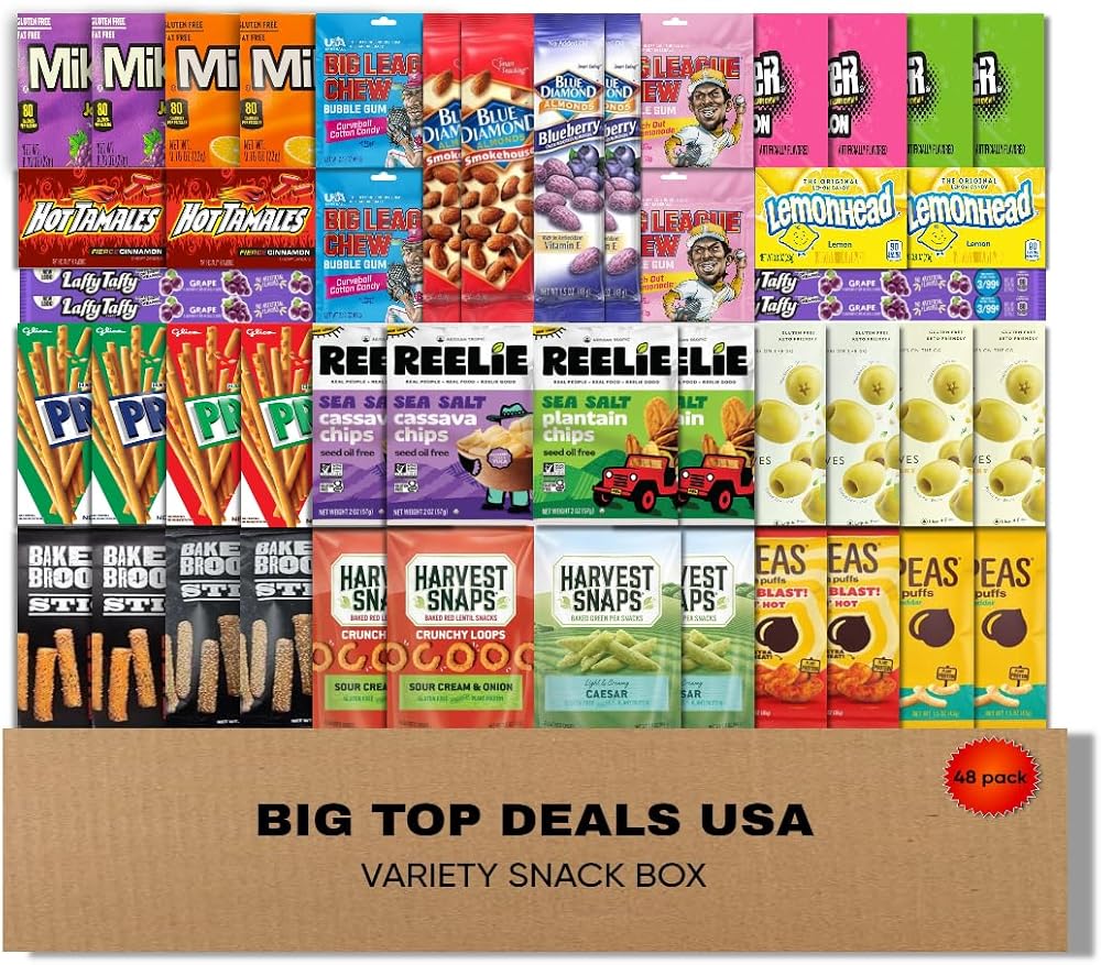 BIG TOP DEALS USA Variety Snack Box, 48 Count Candy, Chips & Snack Assortment Gift Box for Parties, Birthdays, Office, College, Care Packages