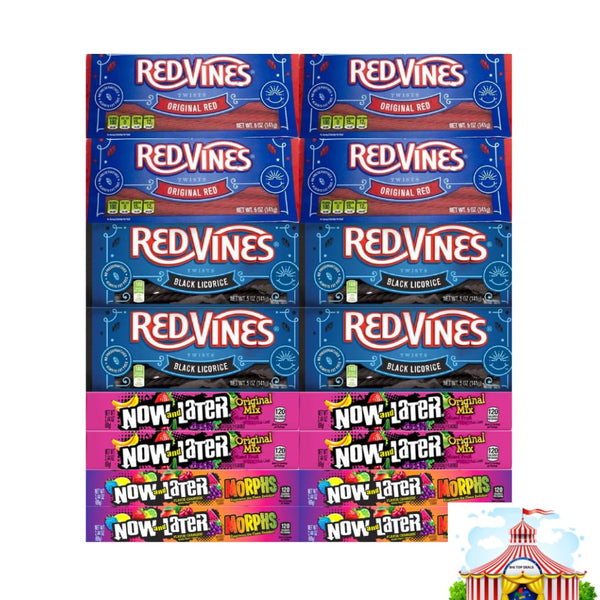 Candy Assortment Now and Later, Red Vines - 4 Flavors: Original Red, Black Licorice, Original Mix, Morphs - 4 Packs Each - 16 Pack - Sweet and Tangy Variety - Perfect for Parties, Snacks, and Gifts