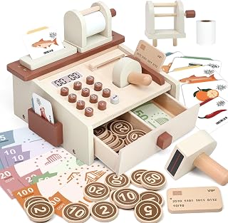 Wooden Cash Register for Kids with Scanner & Play Money, Pretend Play Counting Toy for Kids 3-5, Role Play Grocery Store Toy Educational Learning Gift for Boys Girls