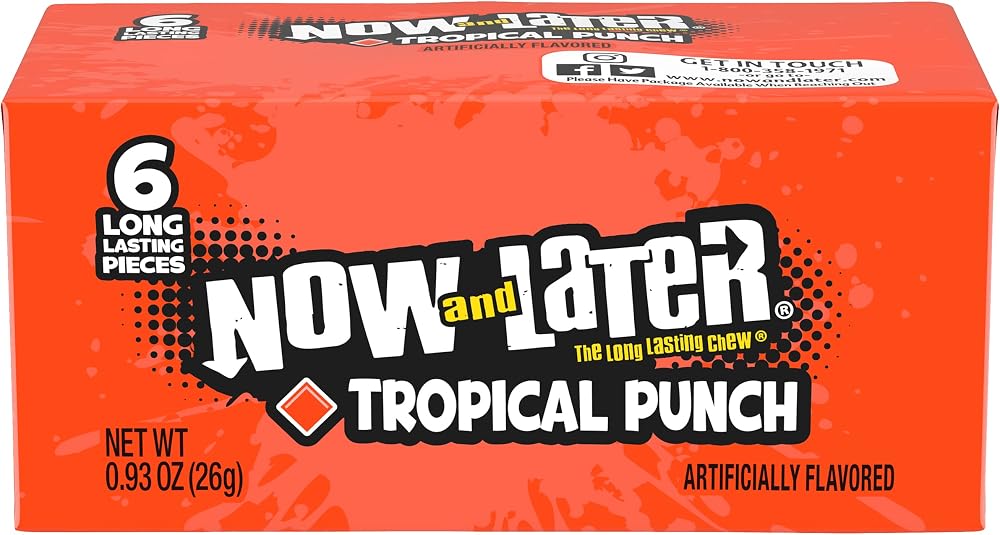Now & Later Original Taffy Chews Candy, Tropical Punch, 0.93 Ounce Bar, Pack of 24