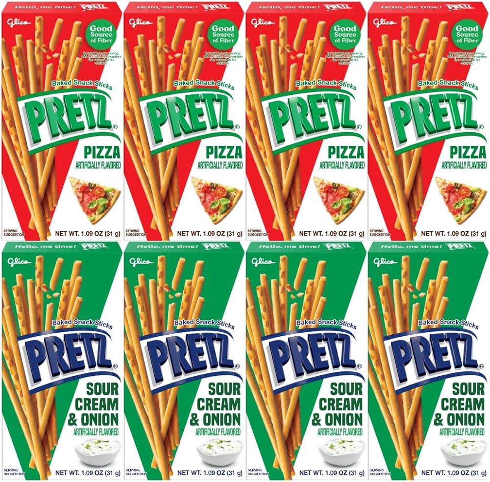 Baked Snack Sticks Variety Pack 8 Pack 1.09 oz Bags Crunchy Pretzel Sticks Pizza Sour Cream & Onion Flavored Style Biscuit Snacks Individually Wrapped On the Go Lunchbox Treat