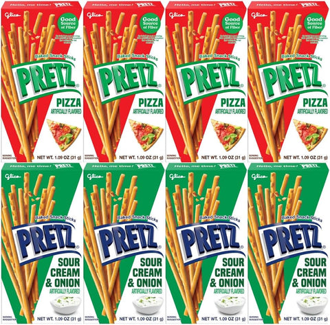 Baked Snack Sticks Variety Pack 8 Pack 1.09 oz Bags Crunchy Pretzel Sticks Pizza Sour Cream & Onion Flavored Style Biscuit Snacks Individually Wrapped On the Go Lunchbox Treat