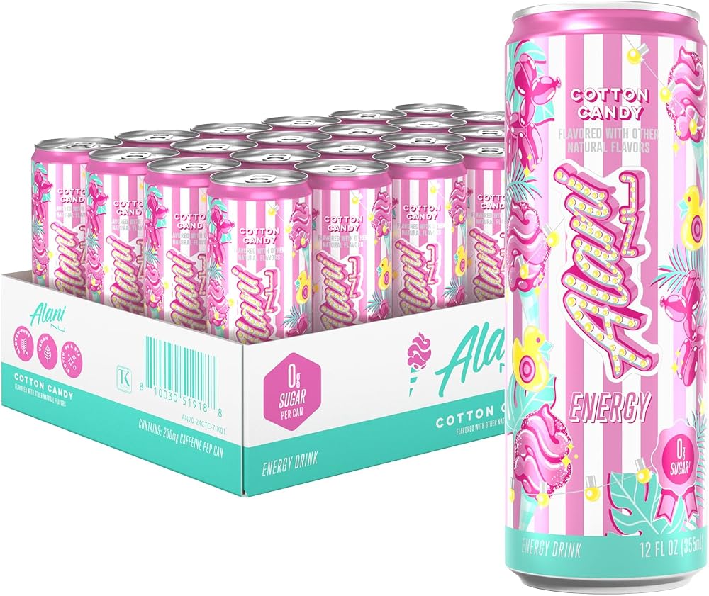 Alani Nu COTTON CANDY Sugar Free, Low Calorie Energy Drinks, 200mg Caffeine, Biotin B Vitamins, Zero Sugar, 10 Calories, 12 Fl Oz Cans, 24 Pack