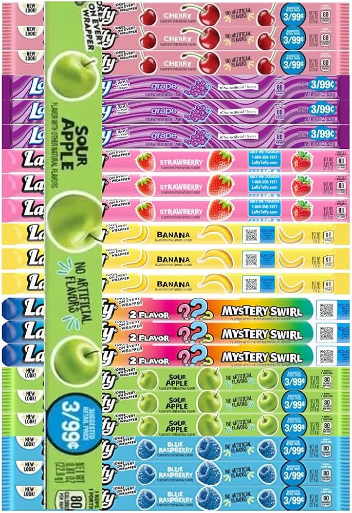 Variety Pack Taffy Ropes - 3 Each of 7 Flavors, Individually Wrapped Candy, 0.81 oz Per Rope, 21 Pack for Snacking, Gifting, or Sharing, Chewy and Fun Treats for All Ages