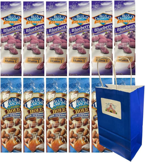 Variety Pack Diamond Almonds – 6 Each 2 Flavors Blueberry & Salt 'n Vinegar, 1.5 oz (12 Pack) – Includes 5.25x3.2x8 Blue Paper Bag – Perfect for Snacking, Gifts, and Travel