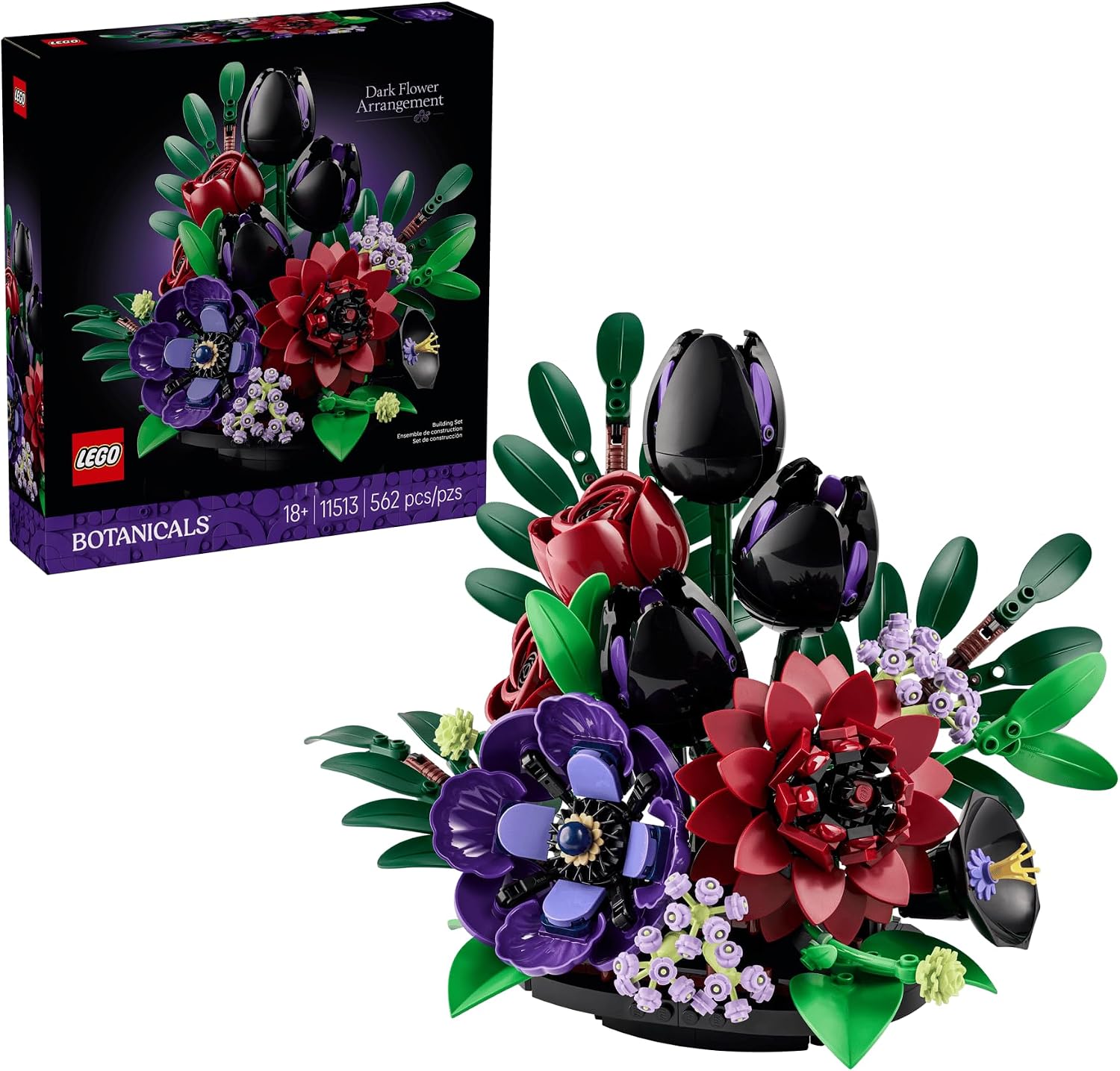 LEGO Botanicals Dark Flower Arrangement Set #11513 – 562 Pieces, Build Tulips, Roses, Dahlia & More in a Customizable Dark-Hued Display | Adults | Floral Home Decor Gift