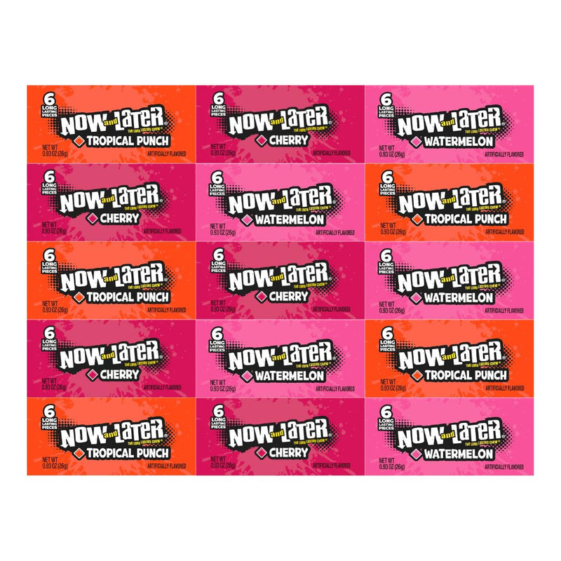 Variety Pack Now and Later Candy, 15 Individually Wrapped Pieces, 5 Each of Cherry, Tropical Punch, Watermelon, Long-Lasting Chewy Candy, 0.93 oz per Pack, Perfect for Sharing or Gifting