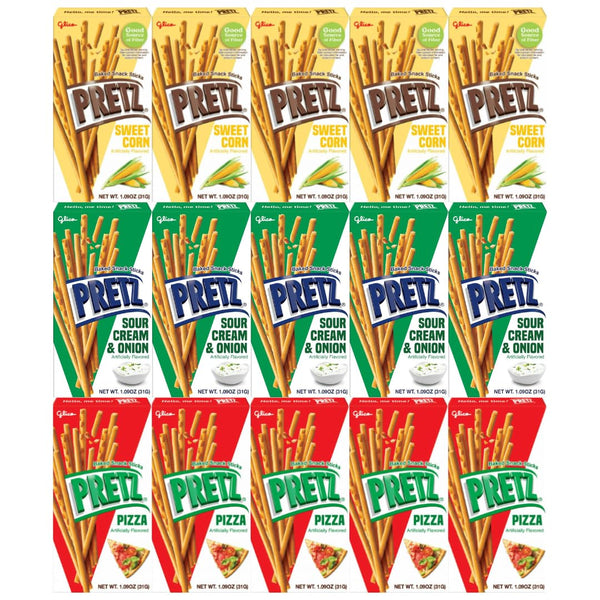 Variety Pack Sweet Corn Baked Snack Sticks Pretz - 3 Flavors: Sweet Corn, Pizza, Sour Cream & Onion - 5 Each Flavor, 1.09 Ounce, 15 Pack - Crunchy, Delicious, Perfect for Snacks, Parties, Lunches