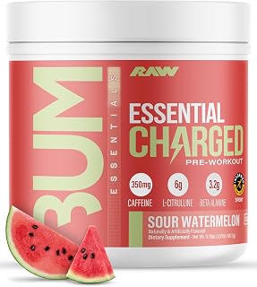 RAW Pre-Workout Powder, Essential CHARGED (Sour Watermelon) - Preworkout Supplement for Men & Women - Supports Focus, Mood & Performance - Caffeine, Alpha-GPC, L-Citrulline, Beta Alanine (25 Servings)