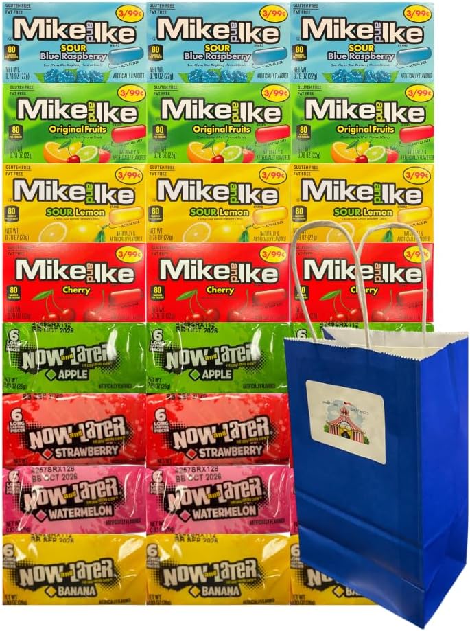 Assorted Candy Mix Variety Pack with 4 Mike and Ike & 4 Now and Later Flavors, 3 Each, 24 Pack – Fruity Chewy Candies for Sharing, Snacking, Parties – Includes 5.25x3.2x8” Blue Paper Bags