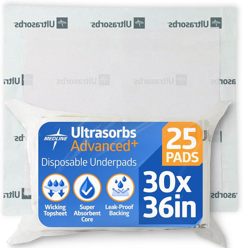 Medline Ultrasorbs Drypads, 30" x 36", 25 Count, Super Absorbent Disposable Bed Pads, Large Incontinence Bed Pads, Chucks Protective Underpads, 10 Times More Absorbent, For Adults, Elderly