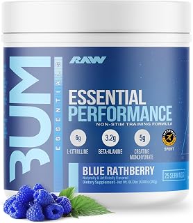 RAW Essential Performance Non-Stim Pre-Workout Powder - Preworkout for Endurance Strength & Focus Without Caffeine or Stimulants - Creatine Monohydrate, L-Citrulline & Beta Alanine - Blue Rathberry