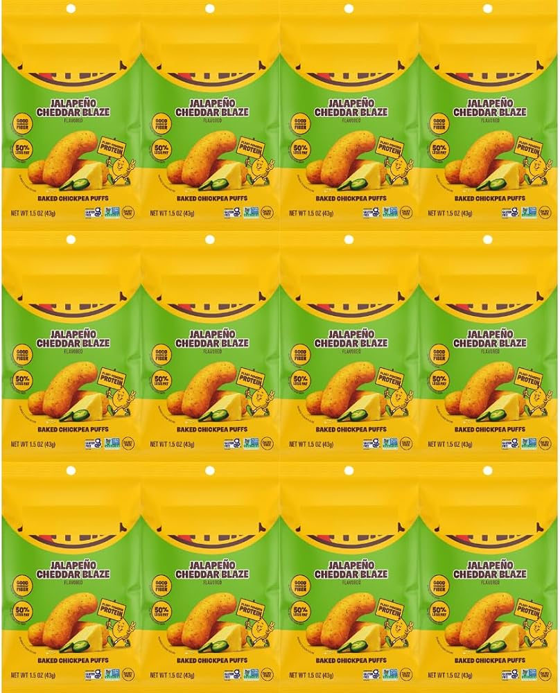 Chickpea Puffs Jalapeño Cheddar Blaze, Crunchy Snack, 1.5 oz Bags, 12 Pack