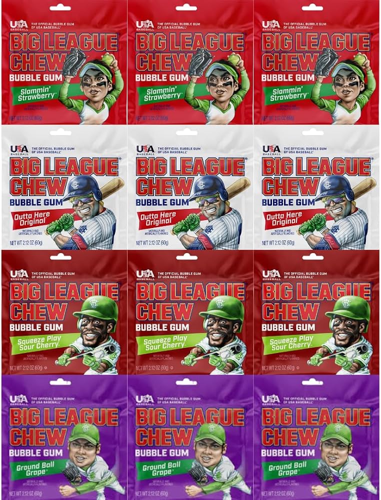 Variety Pack Big League Chew Bubble Gum, Soft Shredded Chewing Gum, 12 Pack (2.12 oz Each), Individually Wrapped Pouches, Fun Shareable Candy for Kids & Adults