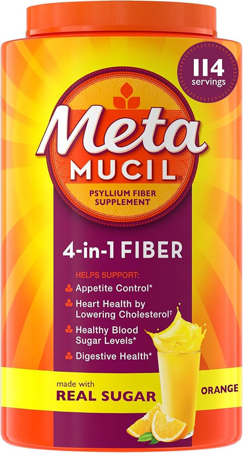 Metamucil 4-in-1 Psyllium Husk GLP-1 Friendly Fiber Supplement, Real Sugar, 114 tablespoons, Orange Flavored, Daily Fiber Powder for Digestive Health, made with Plant-Based Psyllium Husk Fiber