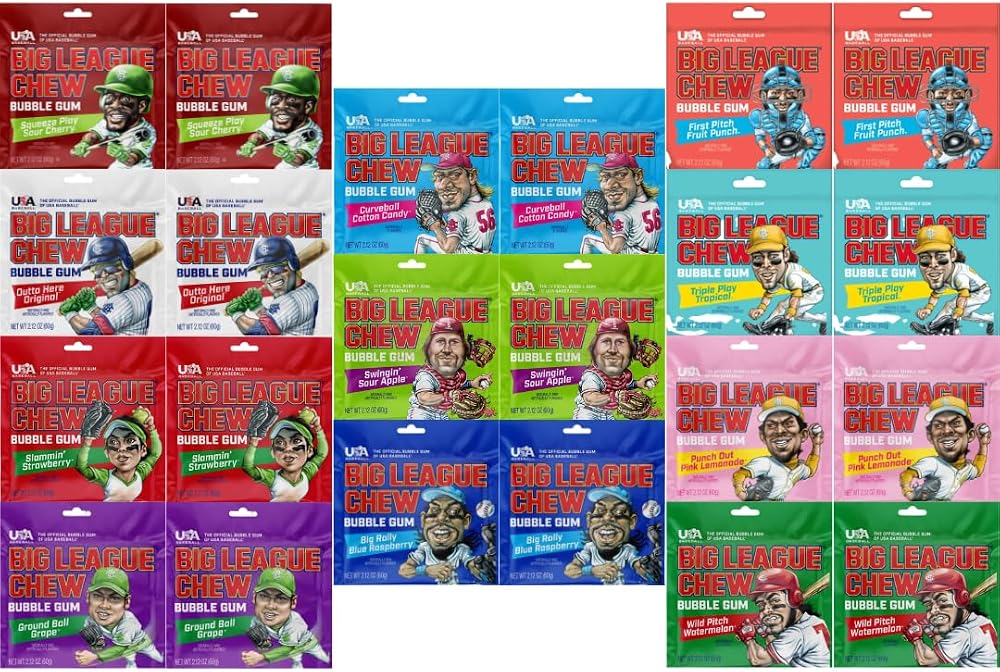 Variety Pack Big League Chew Bubble Gum, 22 Pouches, Shredded Chewing Gum, Assorted Fruit Flavors, Classic Nostalgic Bubble Gum for Kids and Adults, Bulk Pack for Sharing