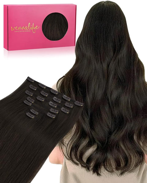 WENNALIFE Clip in Hair Extensions Real Human Hair, 14 Inch 110g 7pcs Remy Hair, Dark Brown Straight Natural Extensiones De Cabello Humano Con Clip Ins