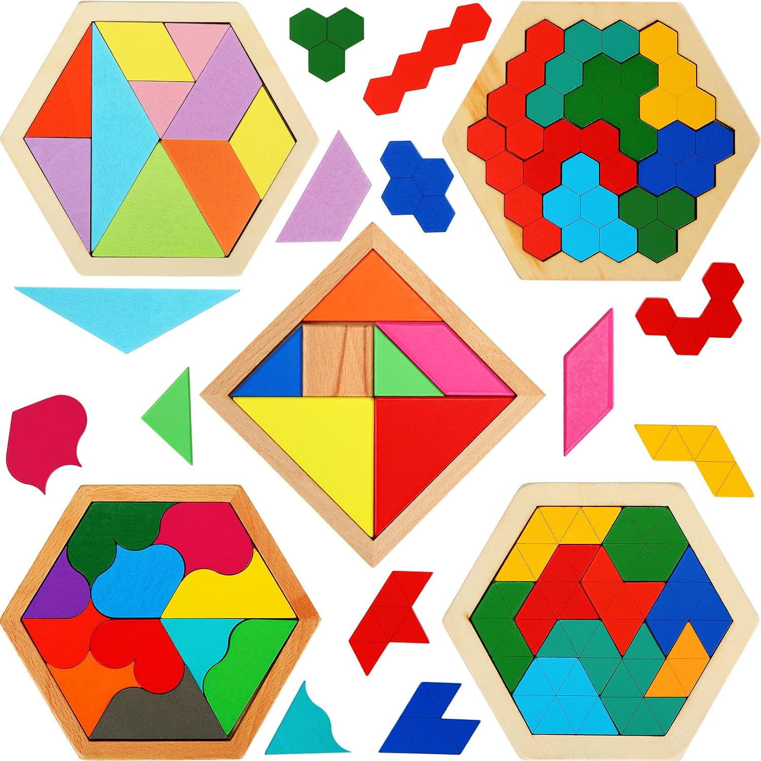 Jerify 5 Pack Wooden Tangram Puzzle for Kids, Brain Teaser Puzzles