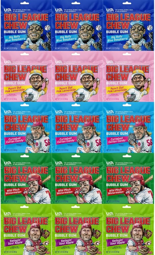 Variety Pack Big League Chew Bubble Gum, 15 Pack (3 of Each), 2.12 oz Pouches, Soft Shredded Chewing Gum Bulk Pack for Kids & Adults, Classic Bubble Gum Variety Pack