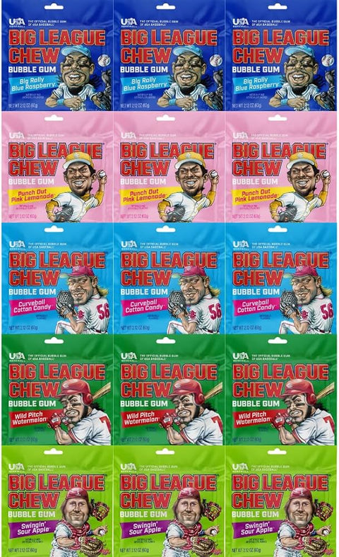 Variety Pack Big League Chew Bubble Gum, 15 Pack (3 of Each), 2.12 oz Pouches, Soft Shredded Chewing Gum Bulk Pack for Kids & Adults, Classic Bubble Gum Variety Pack