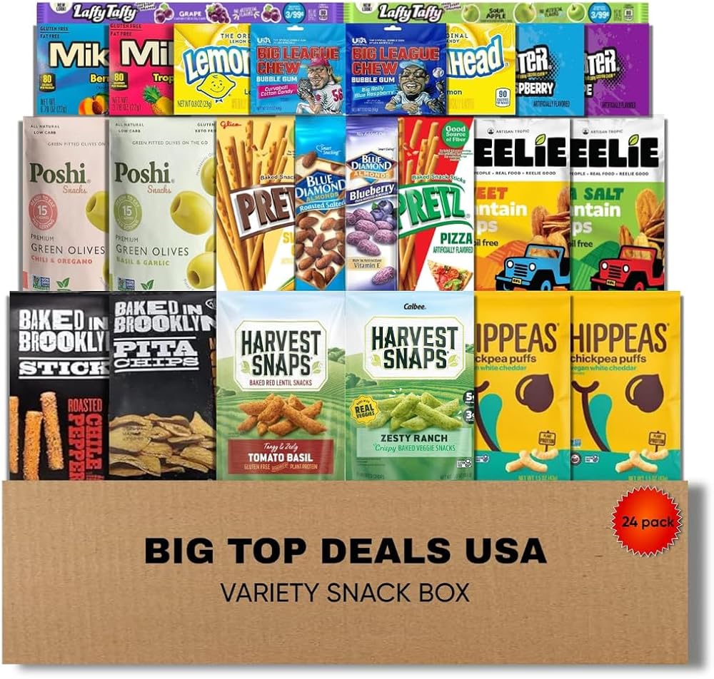 BIG TOP DEALS USA Variety Snack Box, 24 Count Candy, Chips & Assorted Snacks Care Package for Parties, Office, College, Birthdays & Gift Giving