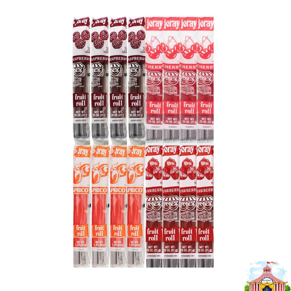 Variety Pack Fruit Roll Joray - 4 Delicious Flavors: Raspberry, Apricot, Strawberry, Cherry - 4 Each Flavor, 16 Pack - 0.75 Oz - Soft & Chewy Fruit Leather - Snack for Kids & Adults