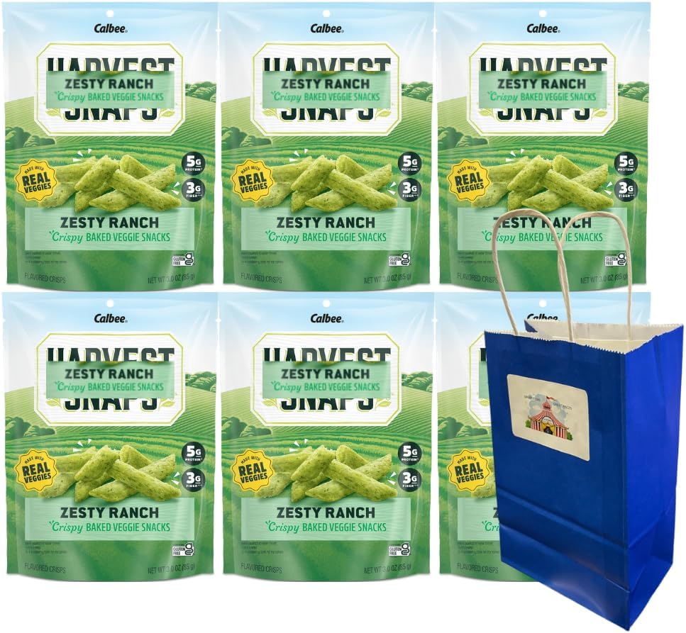 Big Top Deals USA Blue Paper Bag, 5.25x3.2x8, with Snaps Veggie Chips Zesty Ranch 6-Pack – Custom Bundle