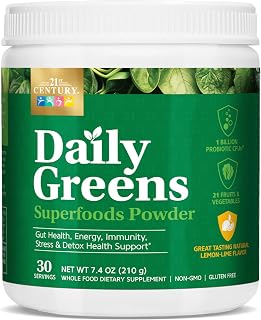 21st Century Daily Greens Superfoods Powder with Probiotics Greens Drink for Gut Health, Energy & Immune Support 21 Fruits & Vegetables, Lemon Lime Flavor Vegan, Non-GMO 30 Servings