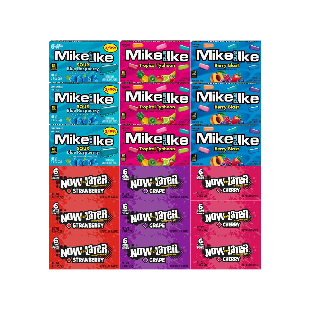 Assorted Candy Mix Variety Pack – 3 Flavors of Mike and Ike & 3 Flavors of Now and Later – 18 Pack – Chewy & Fruity Candy for Snacking, Parties & Gift Boxes – Individually Wrapped for Freshness