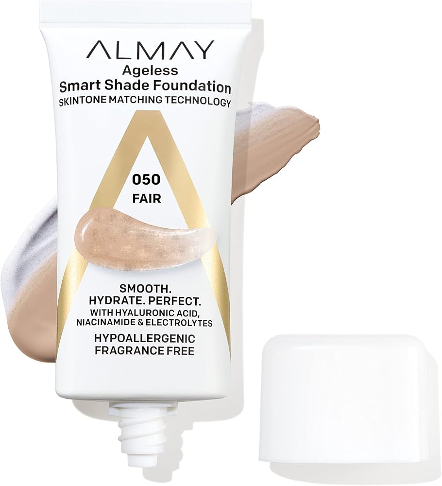 Almay Anti-Aging Foundation, Smart Shade Face Makeup with Hyaluronic Acid, Niacinamide, Vitamin C & E, Hypoallergenic-Fragrance Free, 050 Fair, 1 Fl Oz (Pack of 1)