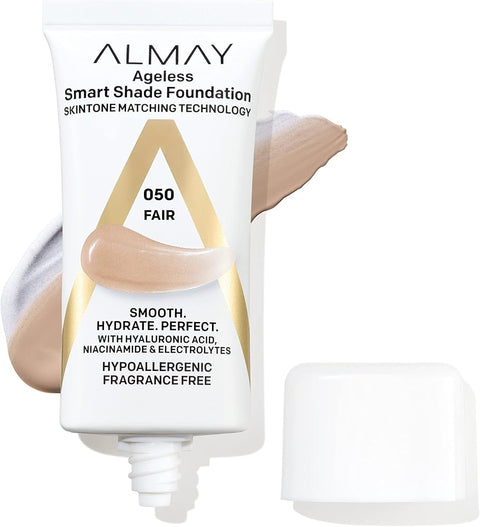 Almay Anti-Aging Foundation, Smart Shade Face Makeup with Hyaluronic Acid, Niacinamide, Vitamin C & E, Hypoallergenic-Fragrance Free, 050 Fair, 1 Fl Oz (Pack of 1)