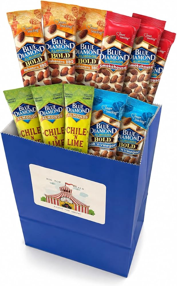 Variety Pack Diamond Almonds 12 Count – 3 Each of 4 Flavors: Habanero BBQ, Smokehouse, Chile 'n Lime, Salt and Vinegar – 1.5 oz Packs – Includes Blue Paper Gift Bag – Bold Crunchy Almond Snack