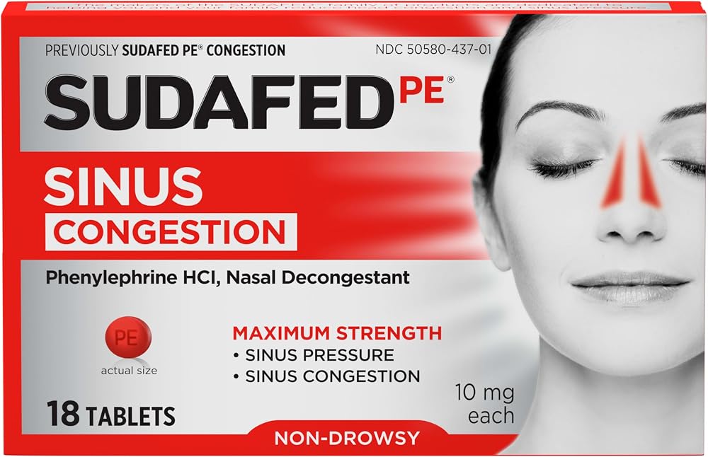 Sudafed PE Sinus Congestion Relief Tablets, 10 mg Phenylephrine HCl, 18 ct - Personal Care