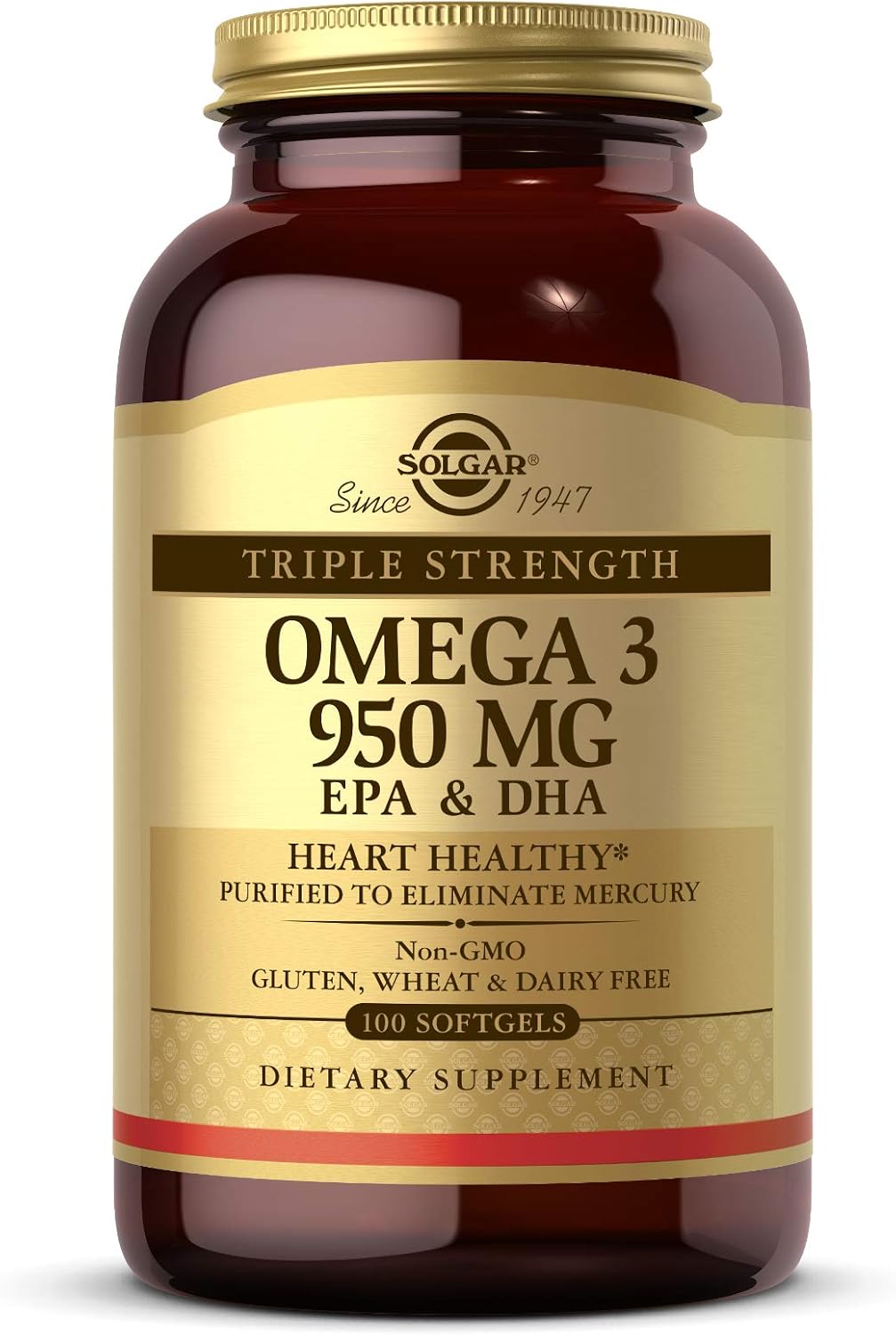 Solgar Triple Strength Omega-3 950 mg, 100 Softgels - Supports Cardiovascular, Joint & Skin Health - Heart Healthy Supplement - Essential Fatty Acids - Non GMO, Gluten Free, Dairy Free - 100 Count
