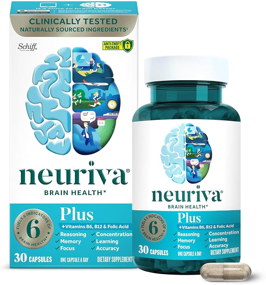 NEURIVA Plus Brain Supplements for Memory and Focus, Clinically Tested Nootropics Neurofactor and Phosphatidylserine, with Vitamin B12, Vitamin B6 and Folic Acid, 30 Count Capsules